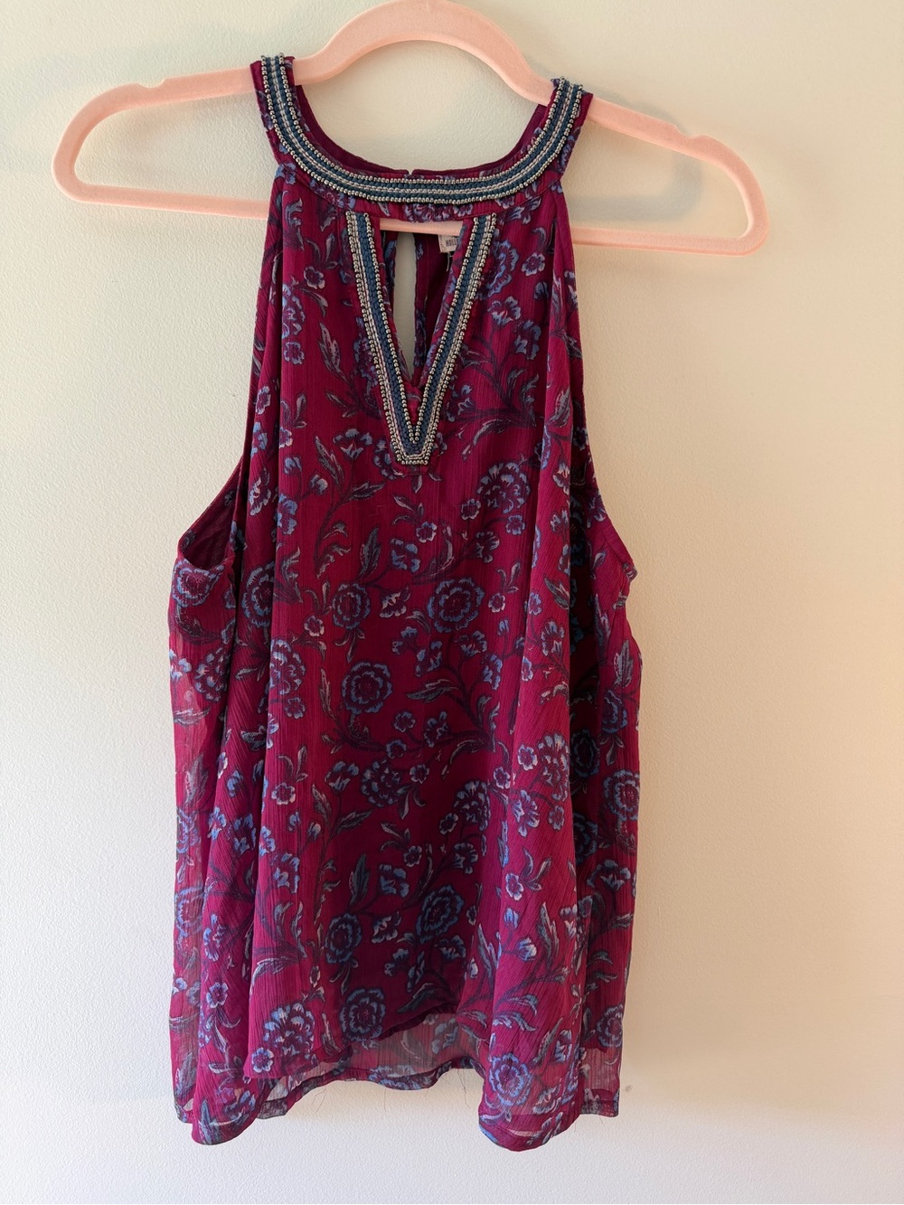 Hollister Burgundy Floral Beaded Halter Tank Top Size M